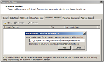 Tools-Account Settings-Internet Calendars