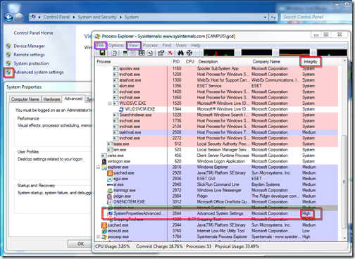 Viewing process integrity with Process Explorer