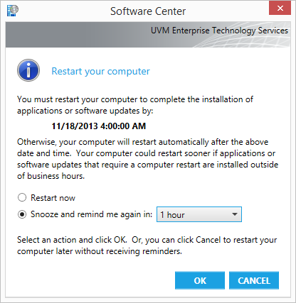 The Software Center restart window spells out the options.