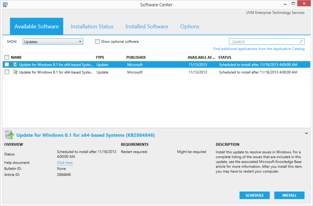 Software center showing required software changes.