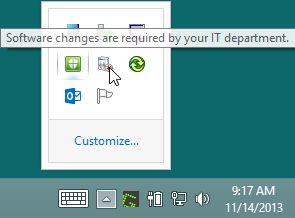 Tool tip for the Software Center tray icon shows that software changes are required.