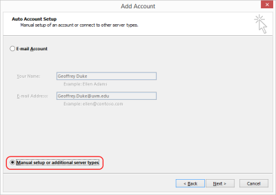 Outlook 2013 Setup - select manual setup