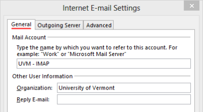 Outlook 2013 Setup - Internet Email Settings - General tab