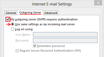 Outlook 2013 Setup - Internet Email Settings - Outgoing Server tab
