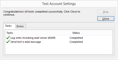 Outlook 2013 Setup - Testing account settings