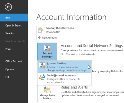 Outlook 2013 - Opening the Account Settings window