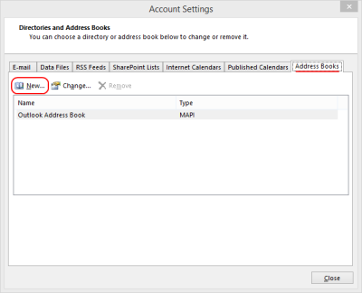 Outlook 2013 Account Settings - Address Books tab