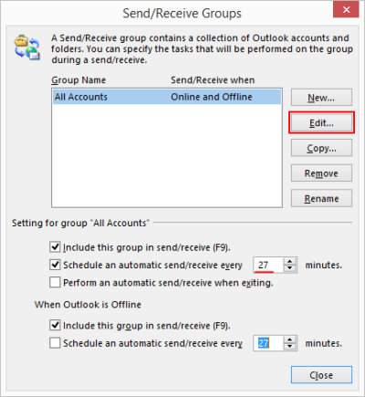 Outlook 2013 - Send/Receive Groups settings