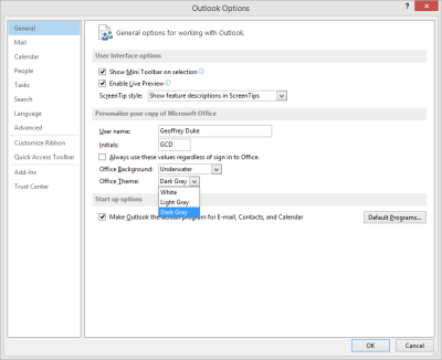 Outlook 2013 - General Options