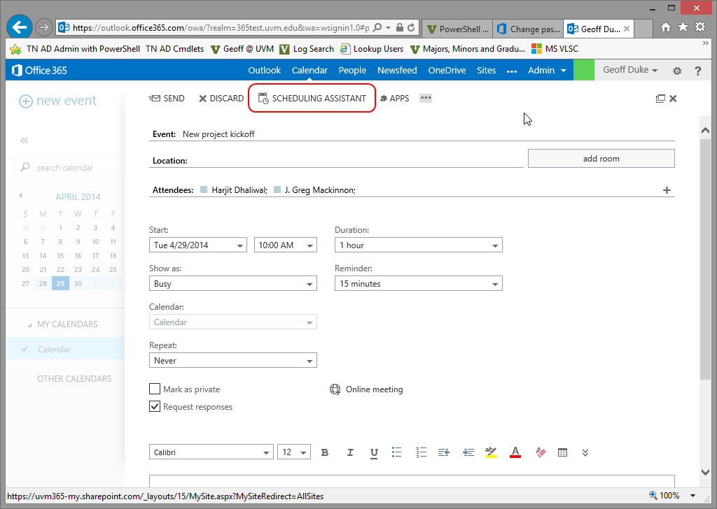 Outlook Web App Scheduling Assistant 1 Geoff UVM