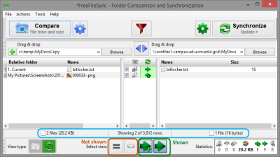 A compare operation shows two files in the source (left) that will be synced to the destination (right), replacing one file.