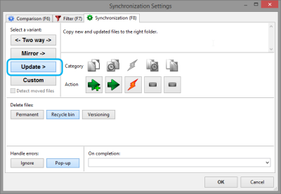 Setting the synchronization mode to Update.