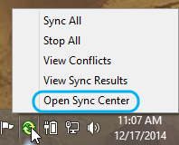 Menu for the Sync Center icon in the Windows system tray.