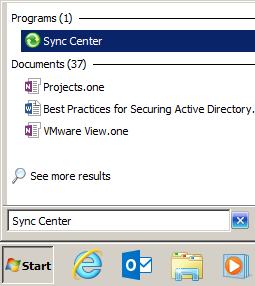 Windows 7 Start search for "sync center"