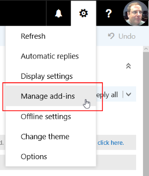 Image of the options menu in OUtlook for web, with the "manage add-ins" item highlighted.