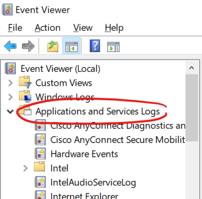 Screen clip of the Window Event Viewer window with the "Applications and Services Logs" collection circled in red.