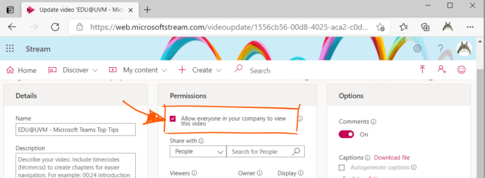 Web browser showing the video update window for a video, with the option "Allow everyone in the company to view this video" option circled and checked.