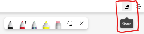 Screenshot of Microsoft Whiteboard toolbar with the "Share" button highlighted.