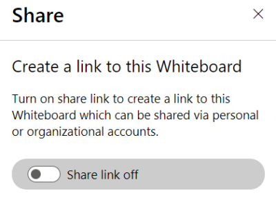 Image showing text "Create a link to this Whiteboard. Turn on share link to this Whiteboard which can be shared via personal or organizational accounts."  The button is on a grey background with the label "Share link off".