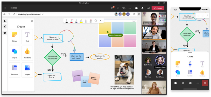 Image shows the new Whiteboard app in desktop and mobile teams clients. Whiteboard elements include flowchart with shapes and text, drawn shapes and lines, sticky notes, and an image of a bulldog.